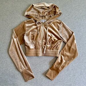 TIC TOC Tan Beige Velour Cropped Hoodie Zip Up Jacket Y2K Aesthetic Women Sz S